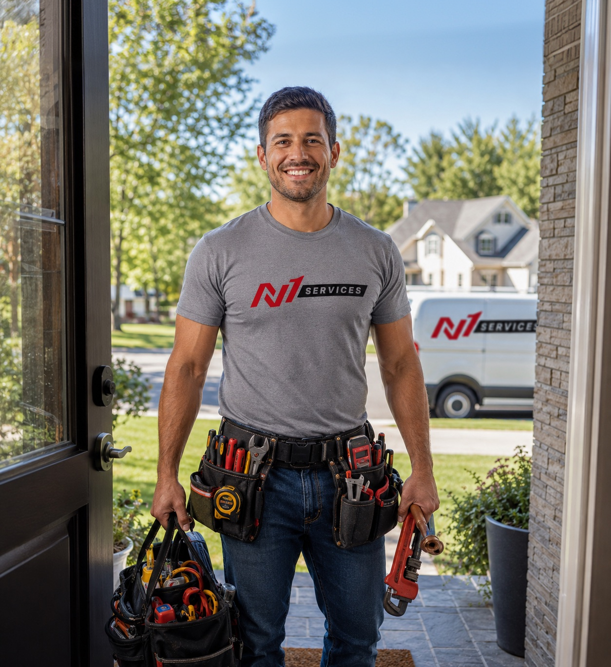N1 Services technician with a tool belt at a customer&rsquo;s front door